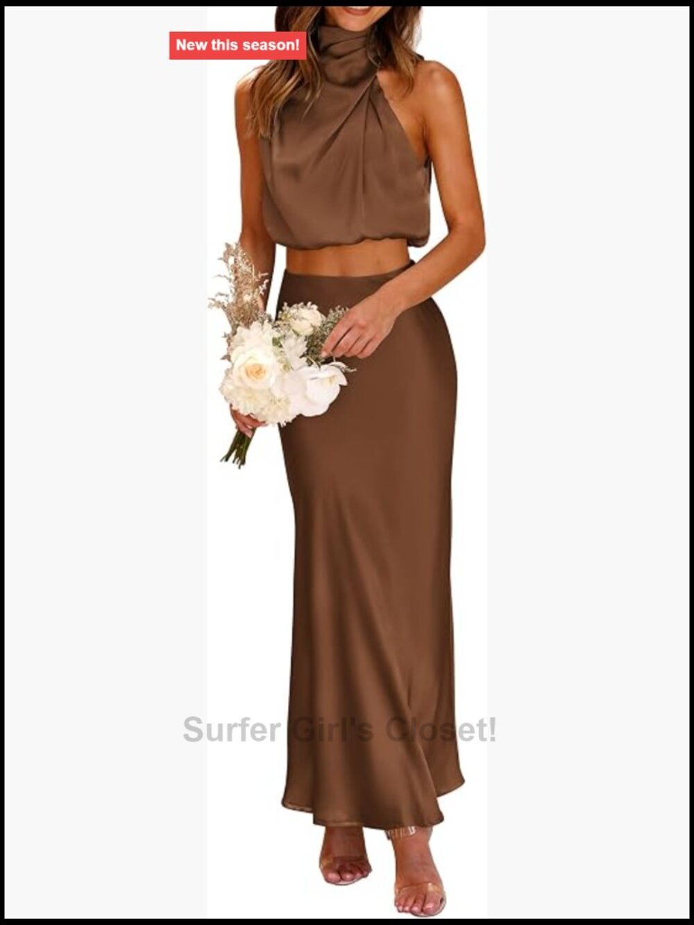 2 Piece Satin Skirt Set Mock Neck Crop Top Maxi Skirt Summer Outfit